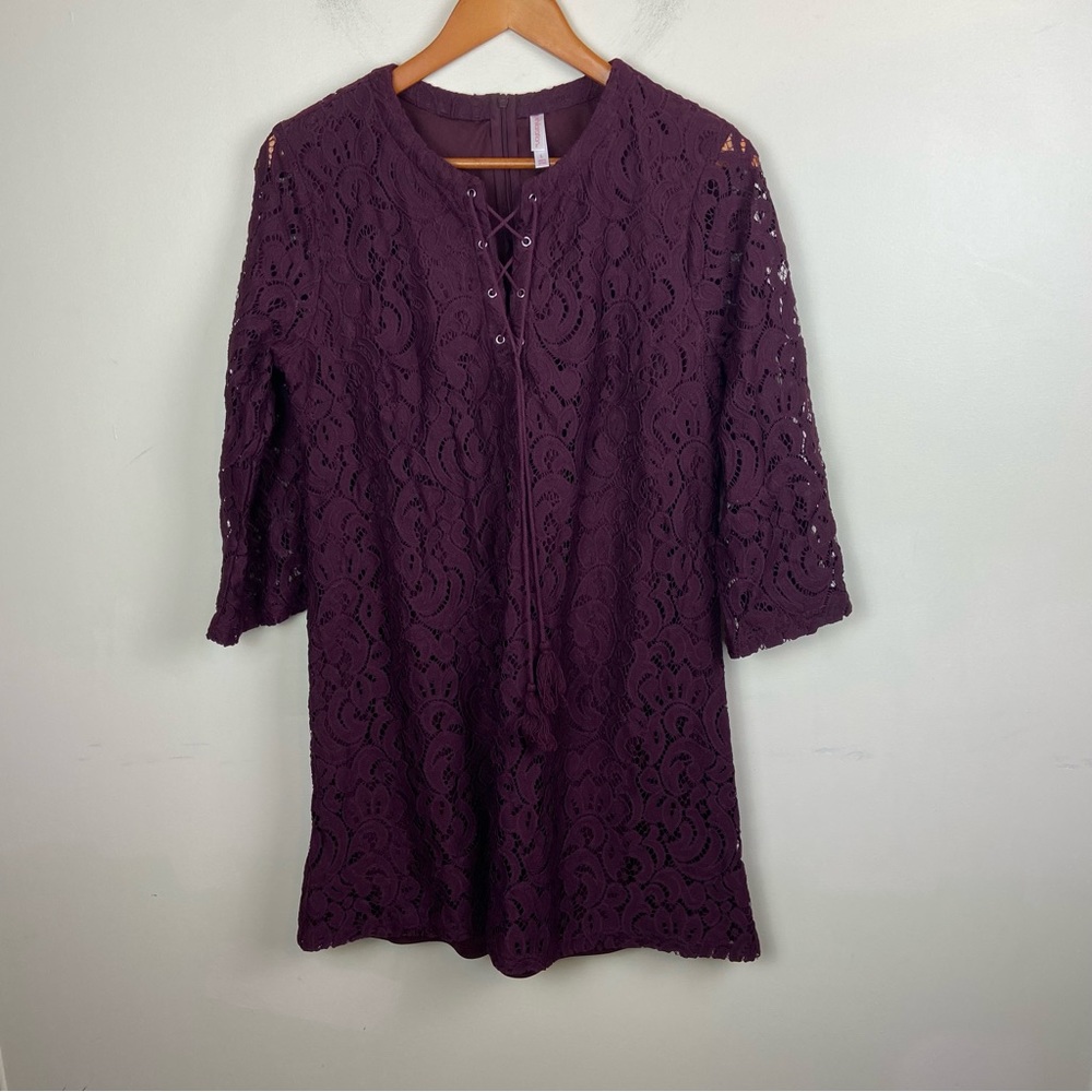 XHILIRATION Burgundy Maroon Lace Sheer Sleeve Tie Mini Shift‎ Dress Medium